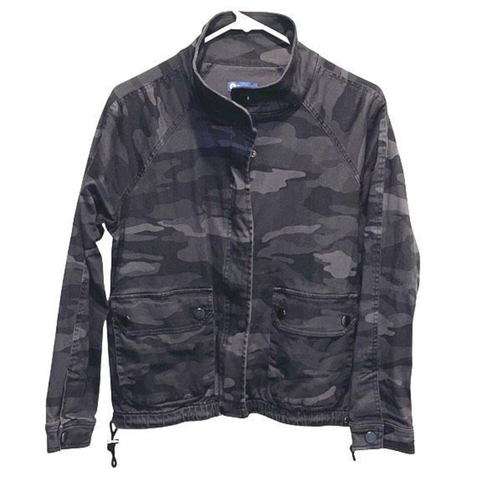 Democracy Womens‎ Camouflage Full Zip Snap Drawstring Jacket Black Gray Small